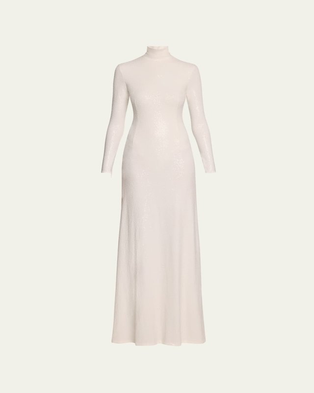 Long Tonal Sequined Mock-Neck Gown
